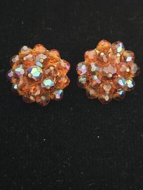 Vintage Laguna Orange Crystal AB Cluster Clip On Earrings - Brand